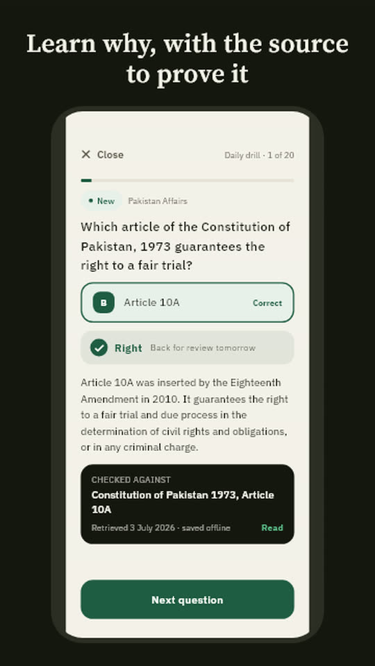 An answer checked, with its explanation and the source it was checked against